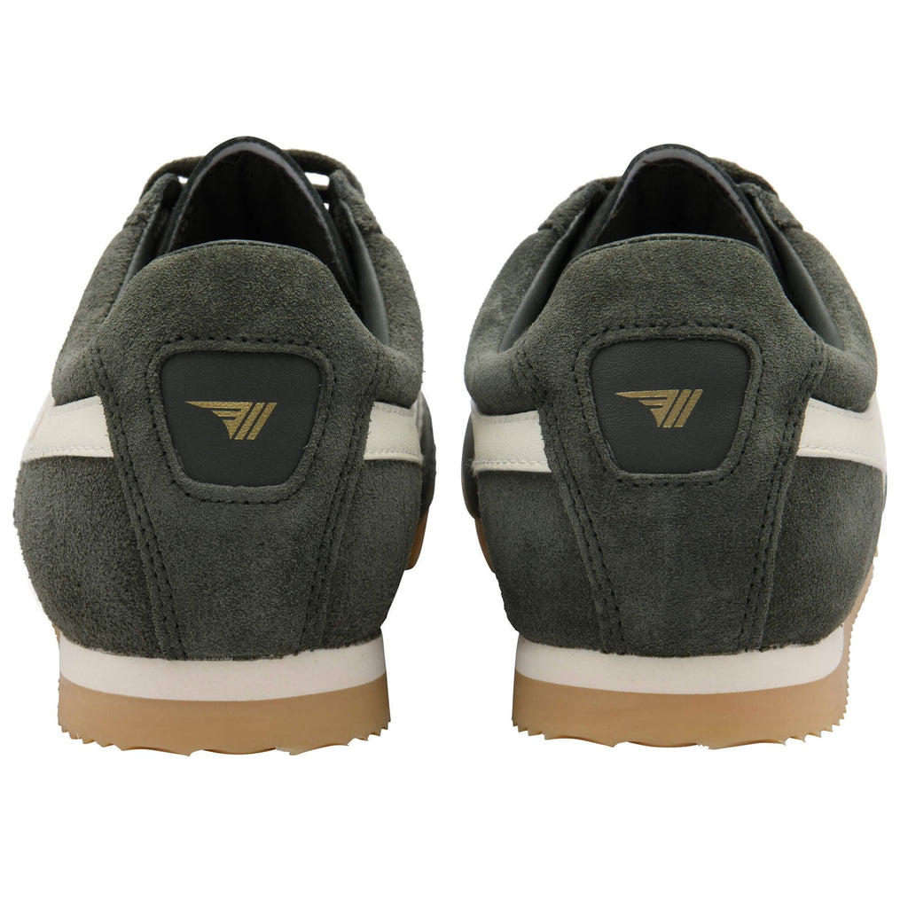 Pair of green Gola trainers from the back on a white background
