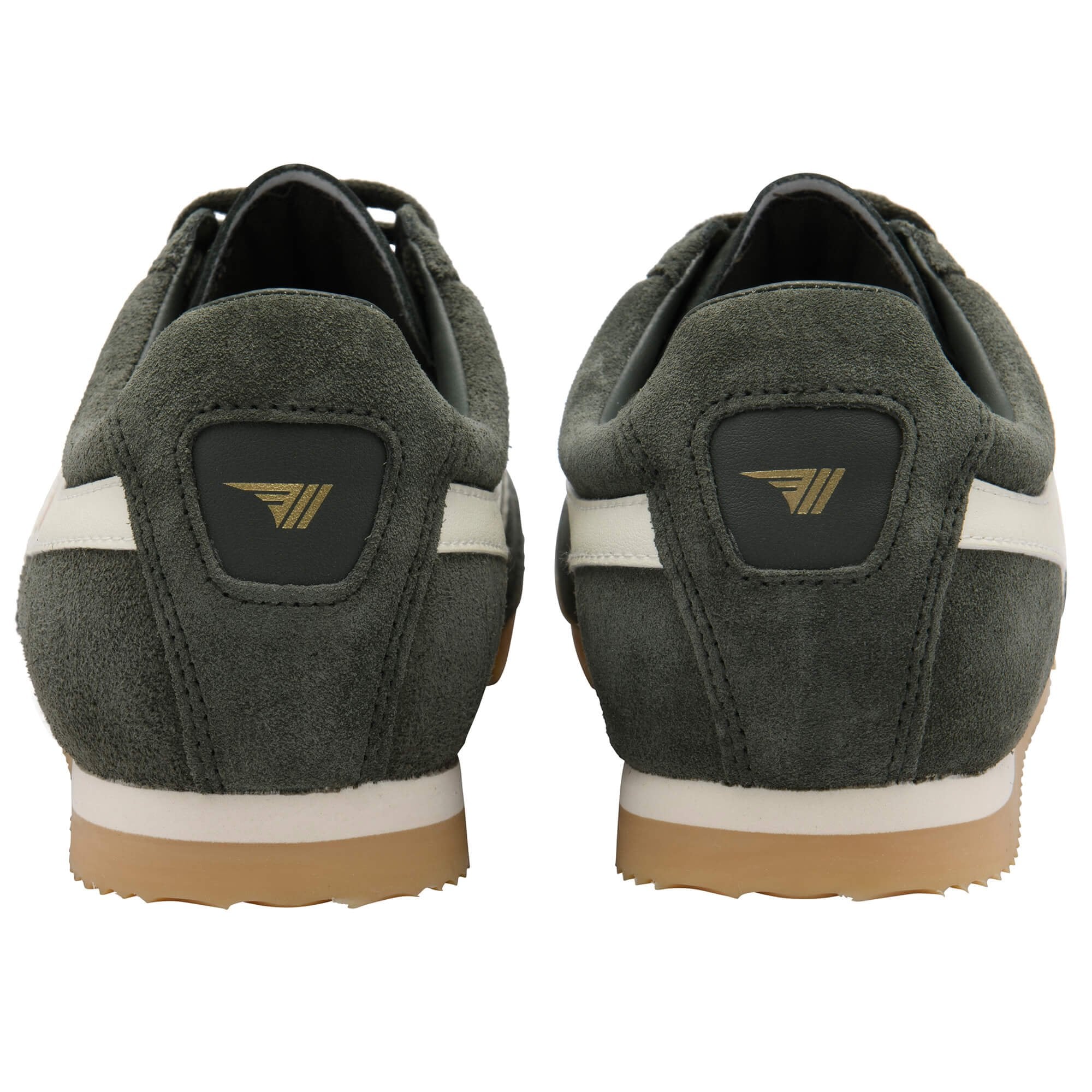 Pair of green Gola trainers from the back on a white background
