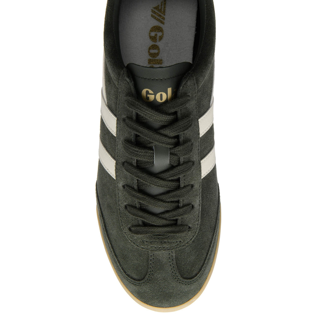 Green Gola trainer with white stripes on a white background