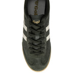 Green Gola trainer with white stripes on a white background
