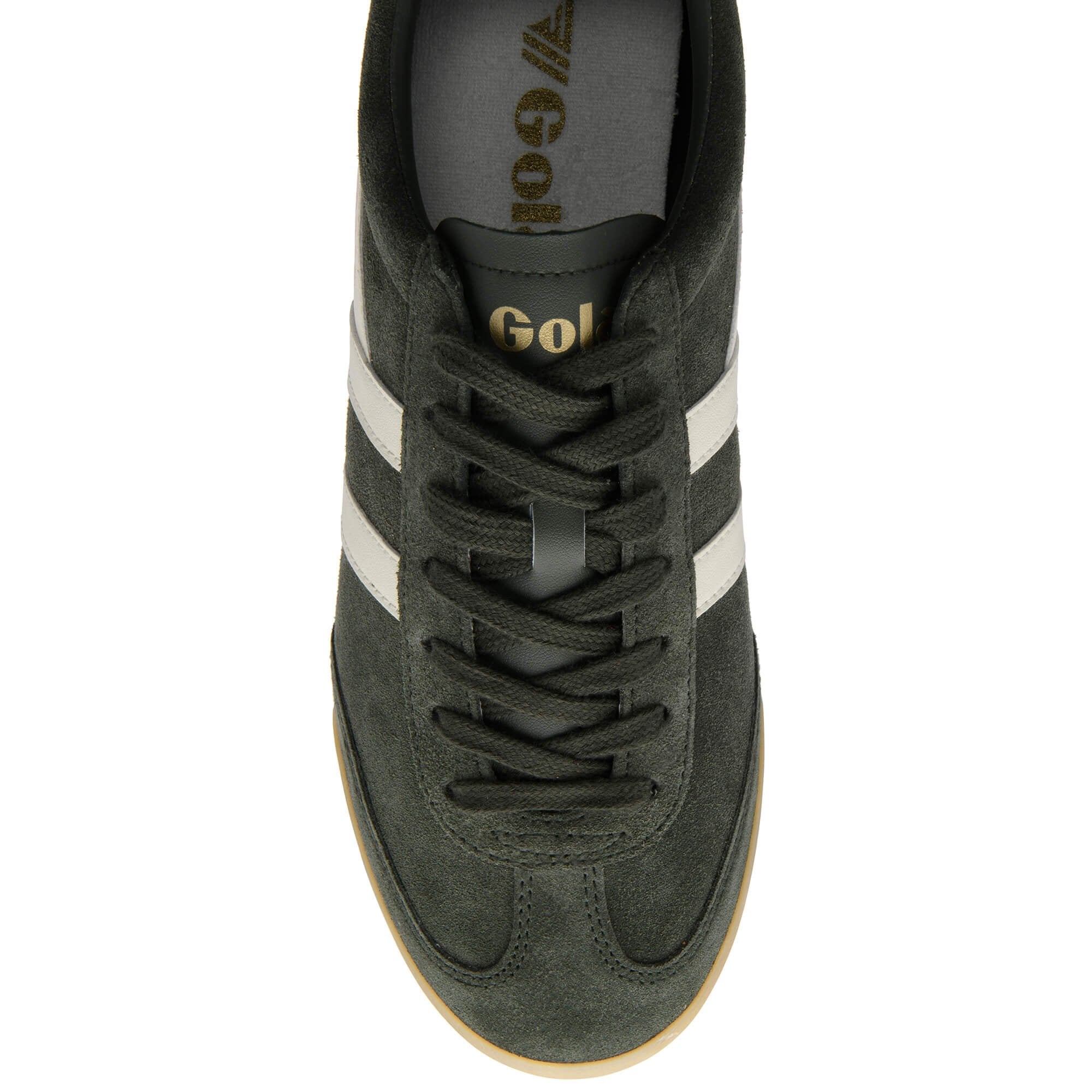 Green Gola trainer with white stripes on a white background