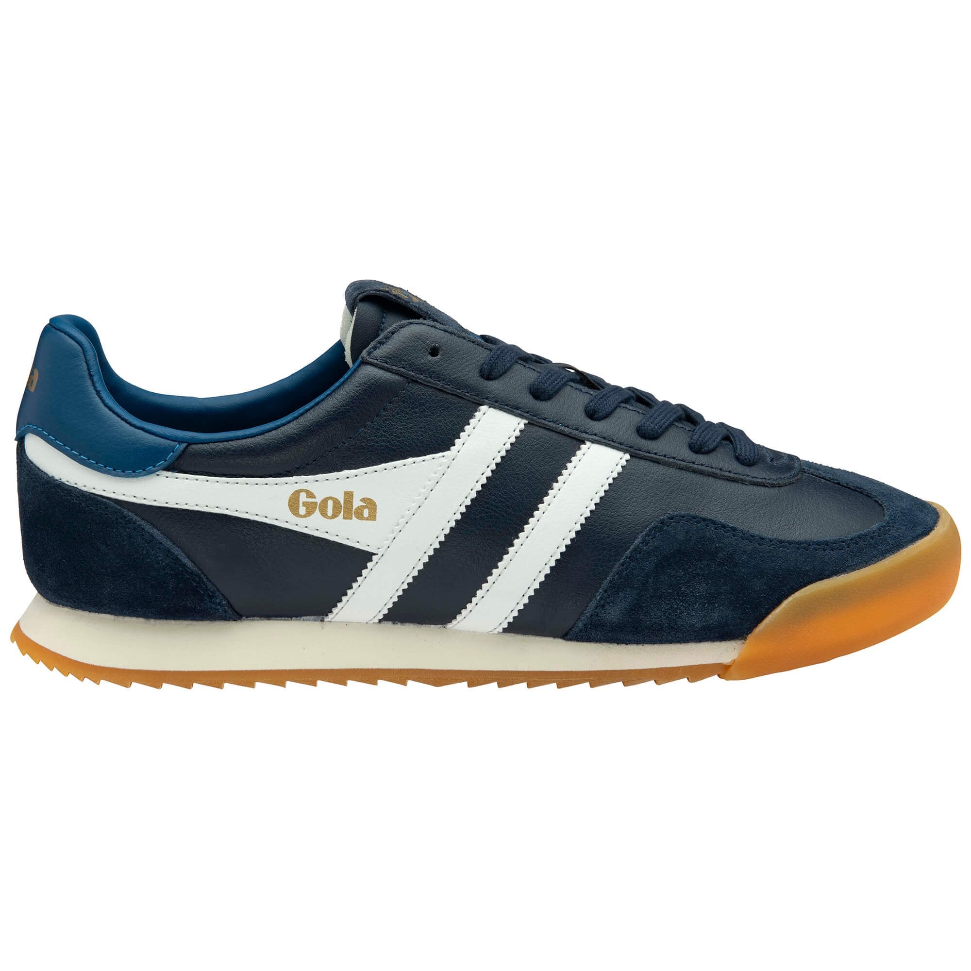 Navy trainer with white stripes and gum sole on a white background