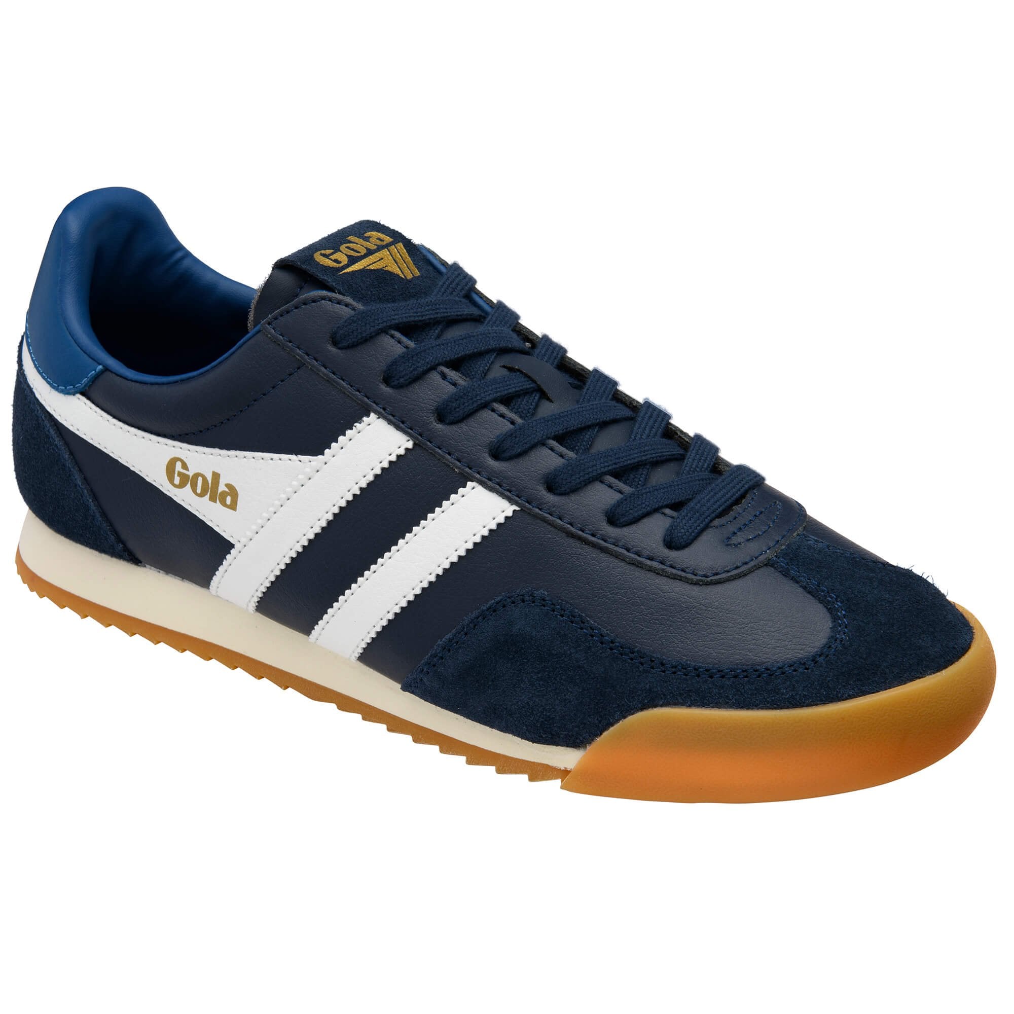Gola Harrier trainer in navy with white stripes and gum sole