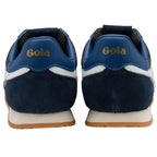 Pair of Gola sneakers, navy blue suede and white leather, with Gola branding in gold on the heel
