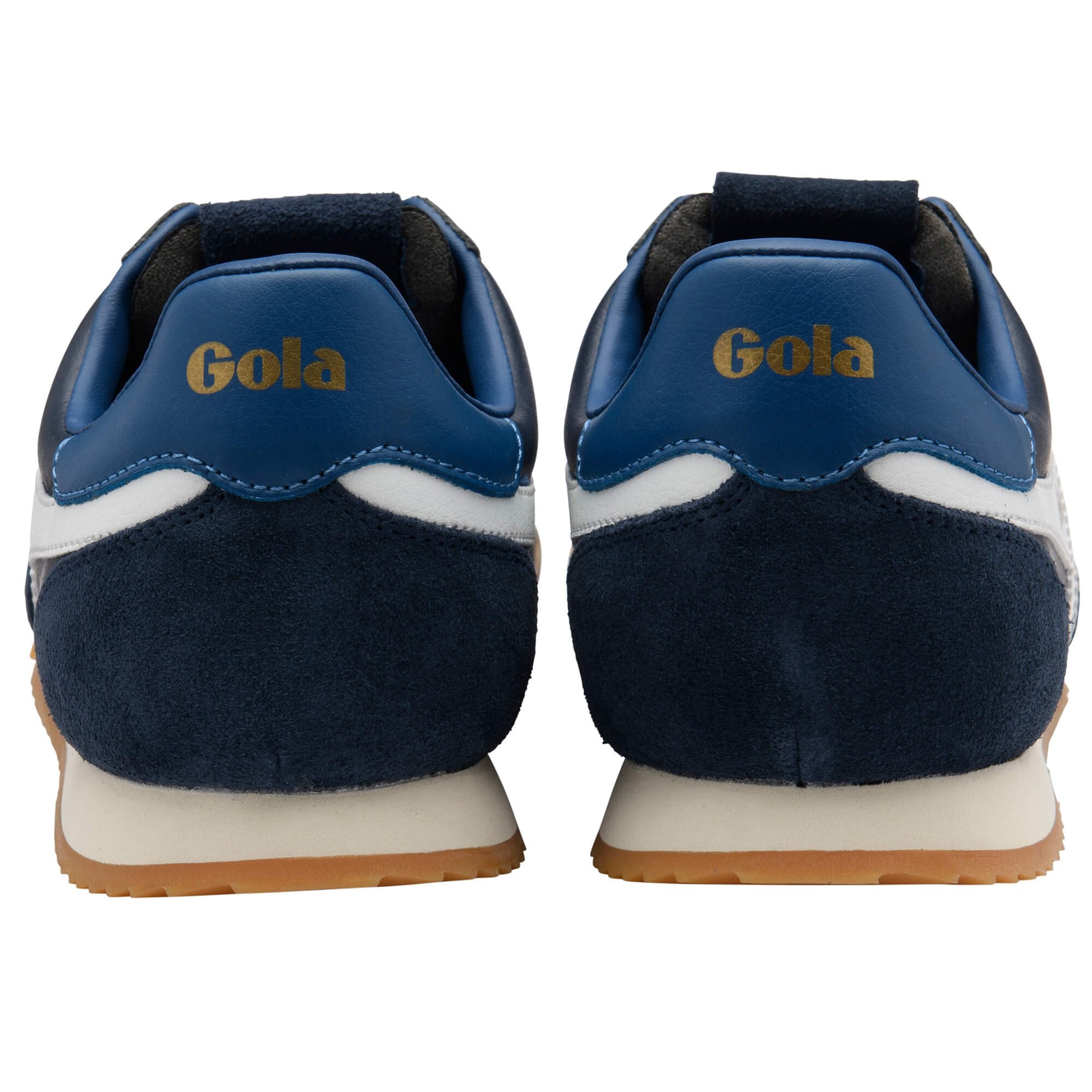 Pair of Gola sneakers, navy blue suede and white leather, with Gola branding in gold on the heel