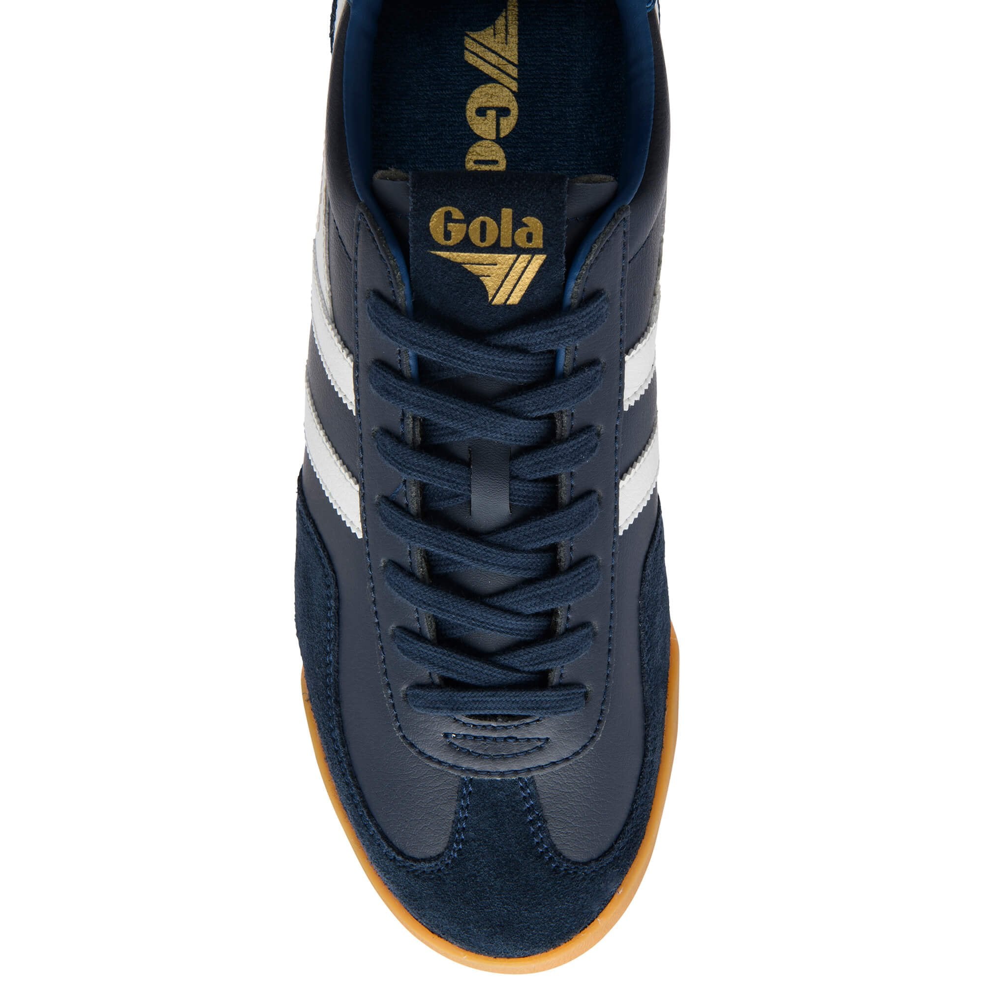 Navy blue trainer with white stripes and 'Gola' branding on a white background