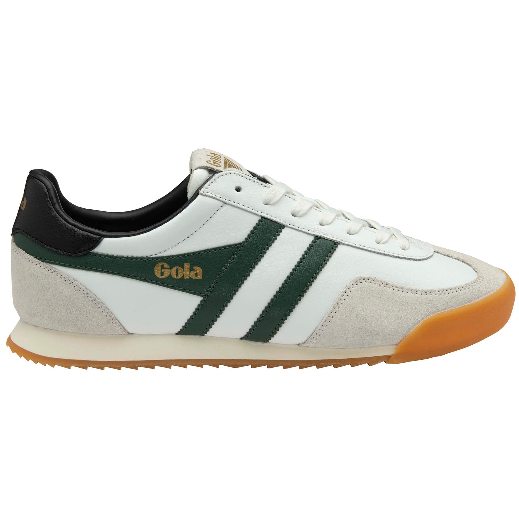 White trainer with green stripes and brown sole on a white background