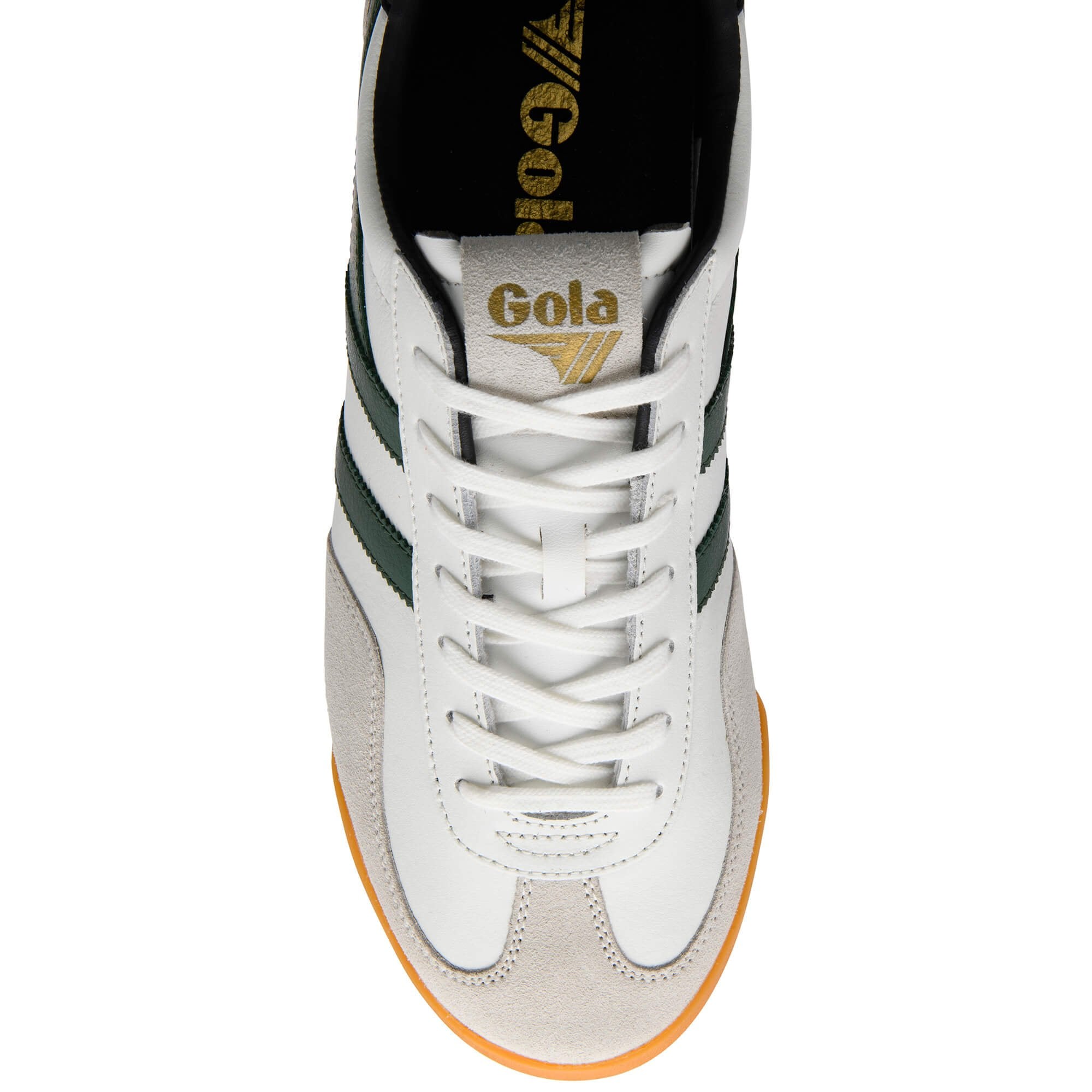 White trainer with green stripes and gum sole on a white background