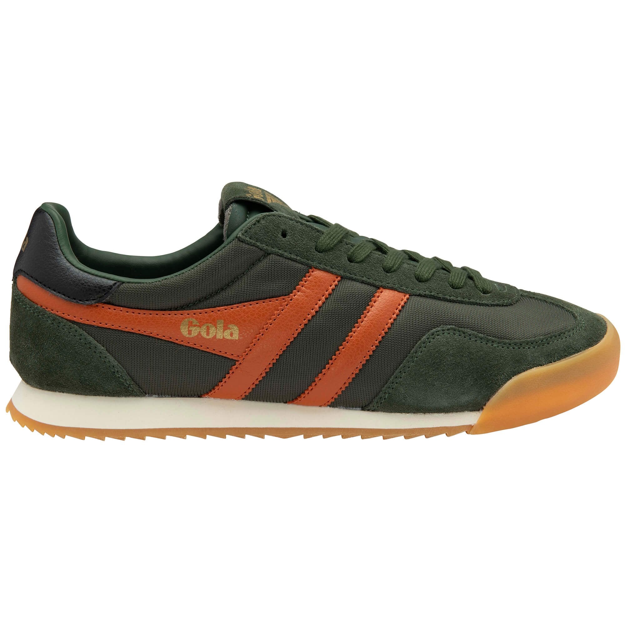 Gola Harrier trainer in dark green with orange stripes and a gum sole