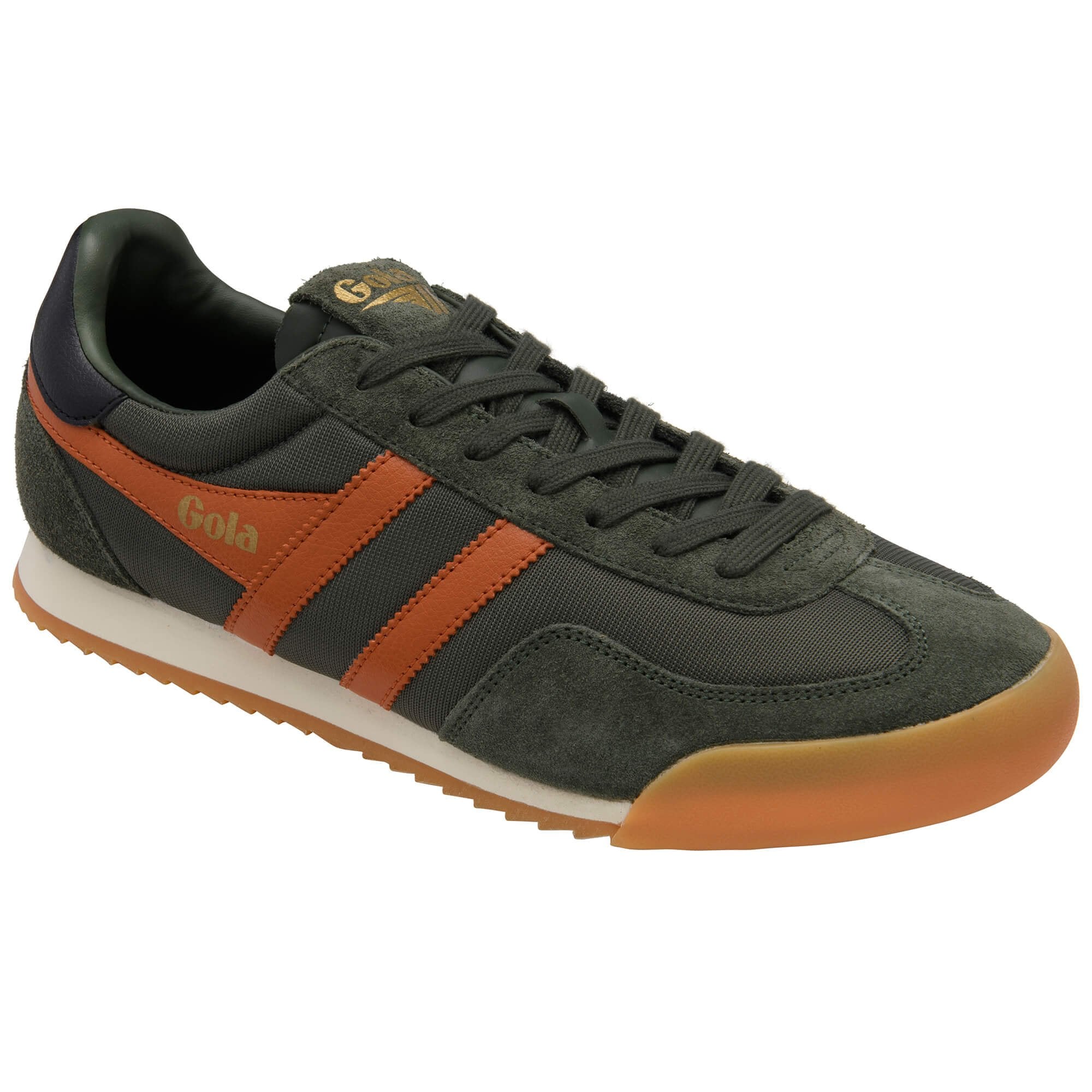 Green and orange trainer with 'Gola' branding on a white background