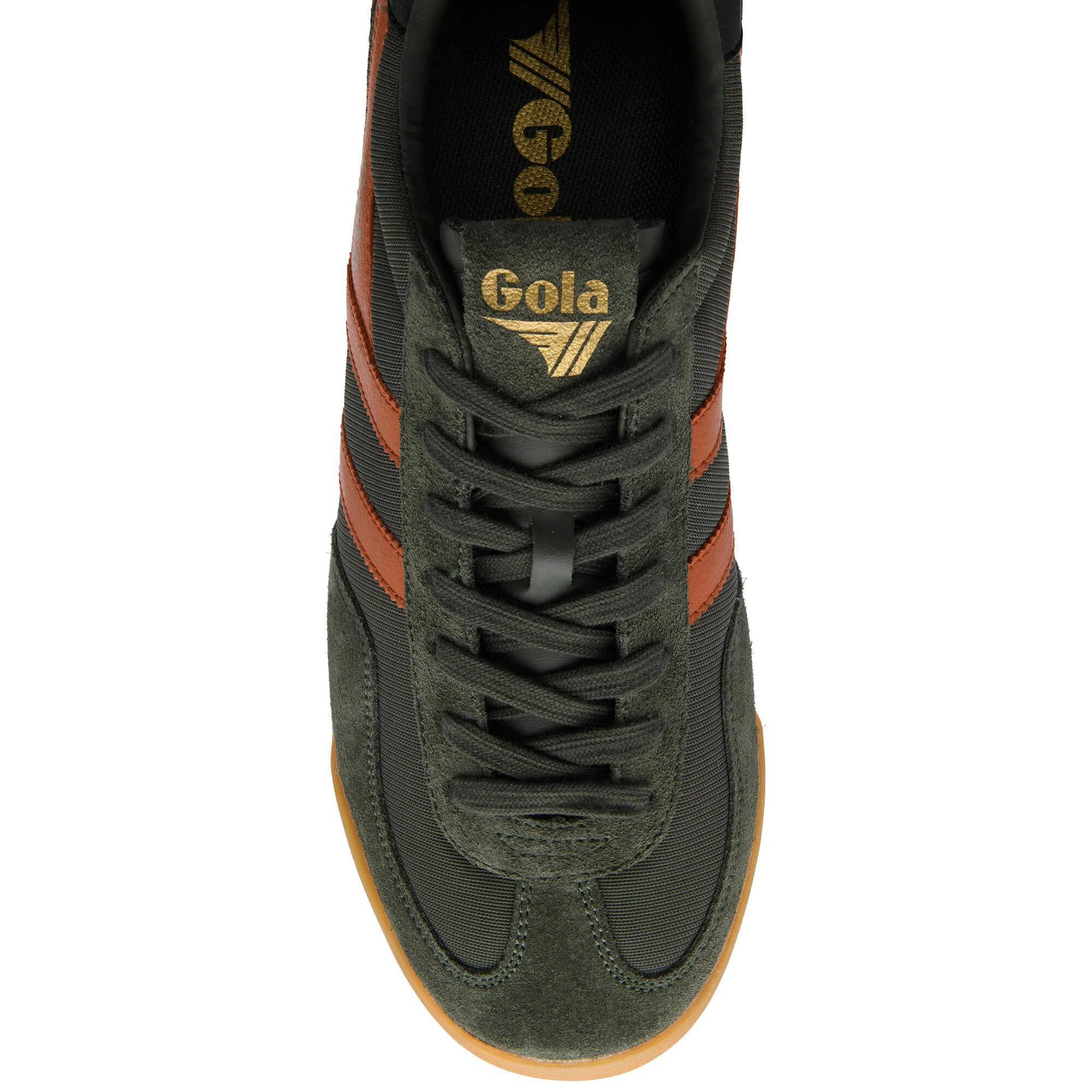 Green trainer with brown accents on a white background