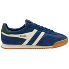Blue Gola trainer with white stripes and a gum sole