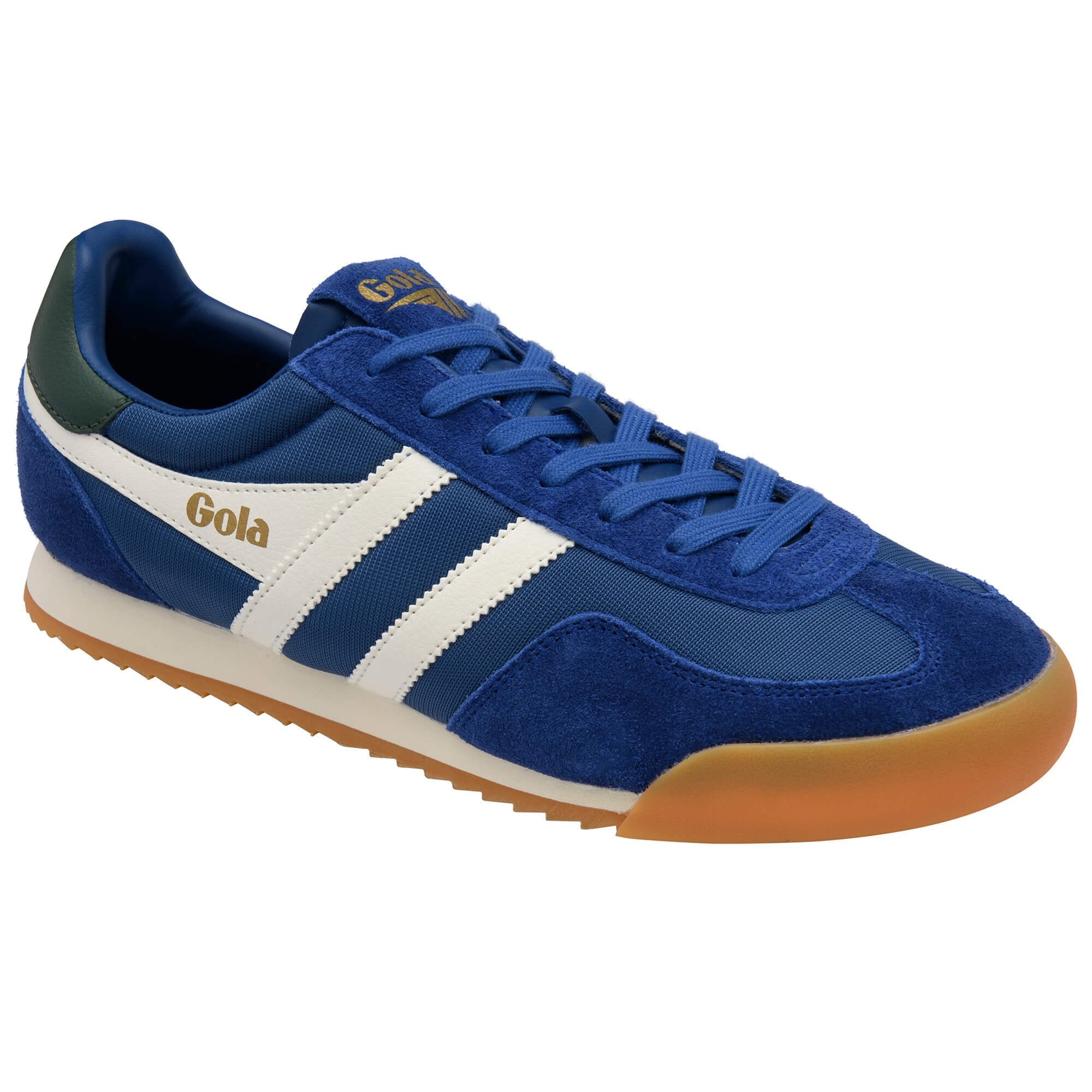 Blue trainer with white stripe and brown sole on a white background