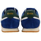 Pair of Gola trainers, blue suede with white stripe, green heel tab with gold Gola logo, and gum sole