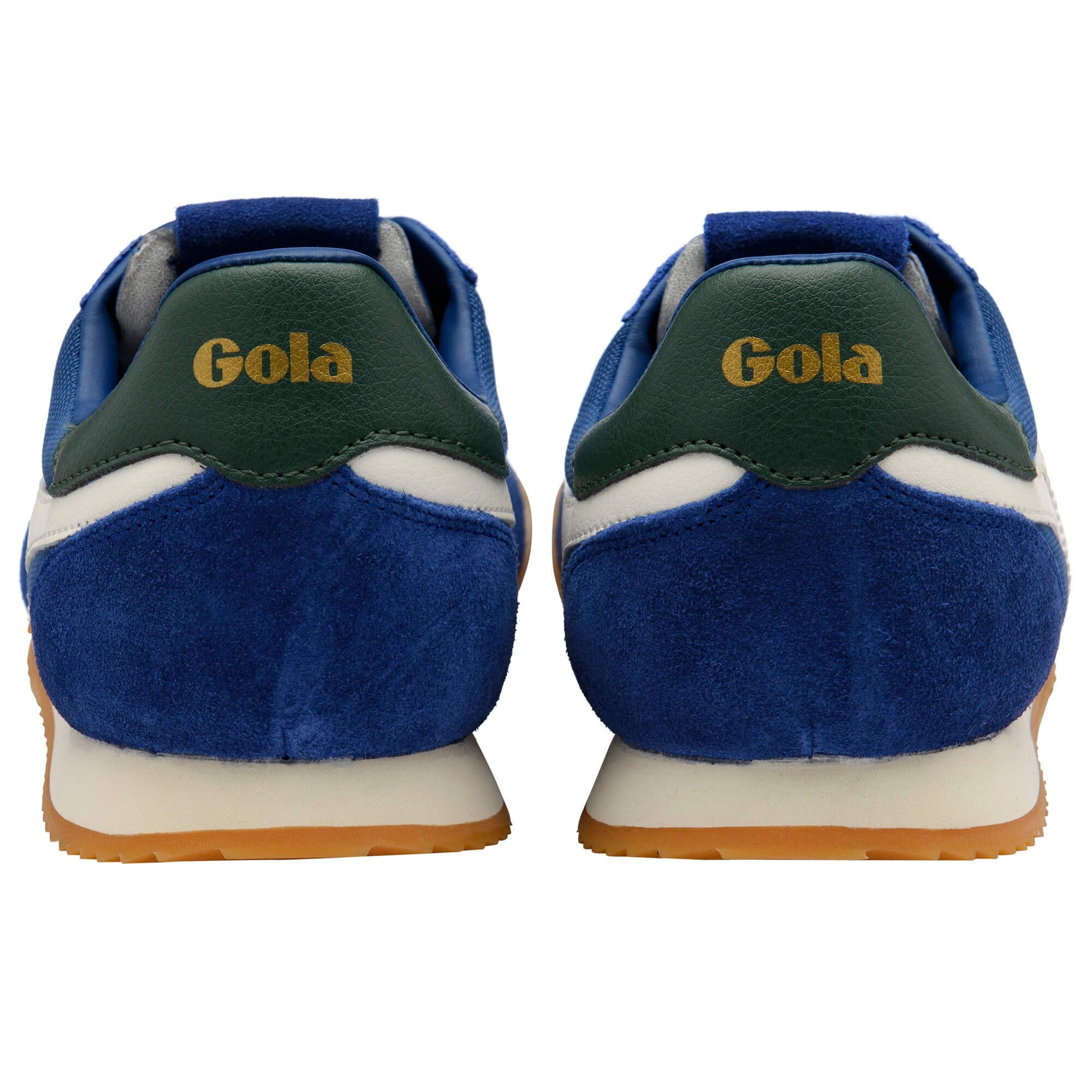 Pair of Gola trainers, blue suede with white stripe, green heel tab with gold Gola logo, and gum sole