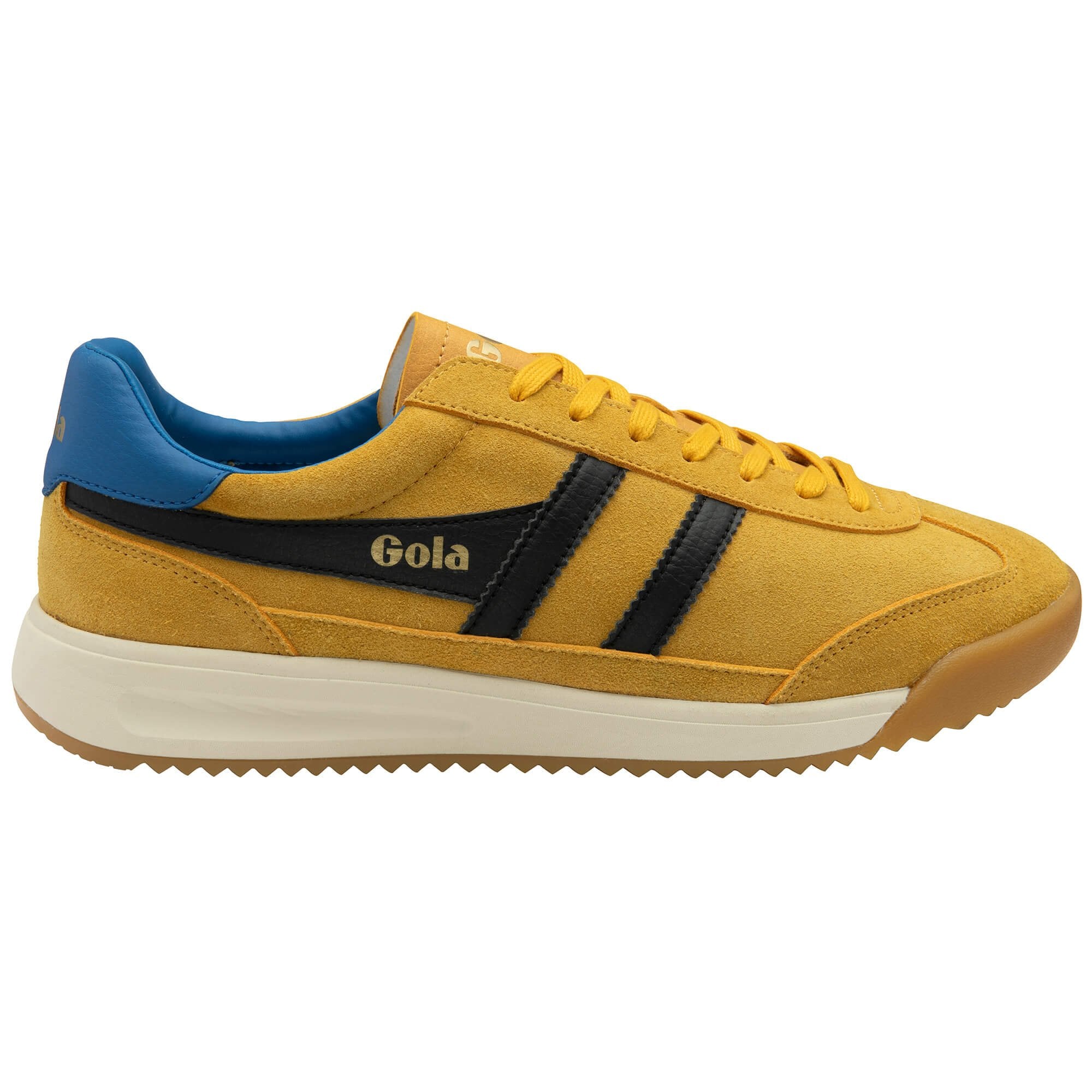 Yellow trainer with blue accents and 'Gola' branding on a white background