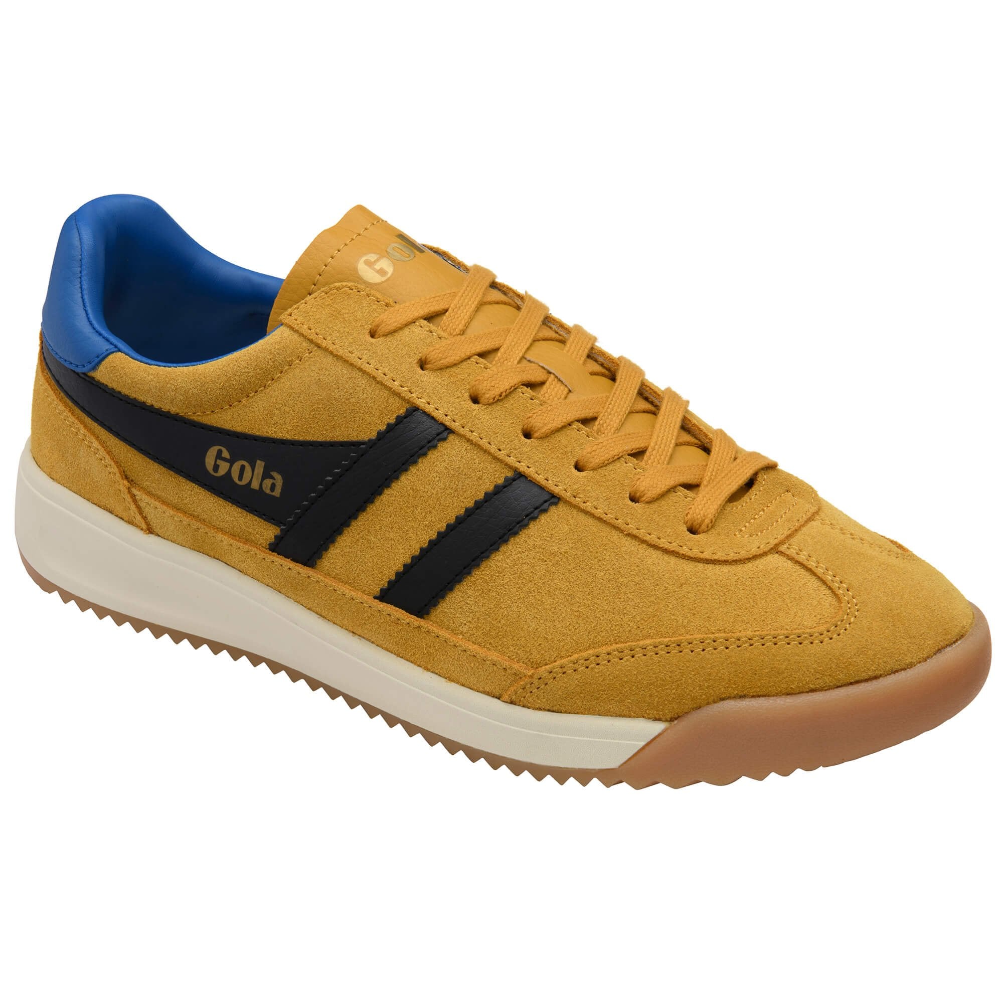 Yellow trainer with black stripes and blue lining on a white background