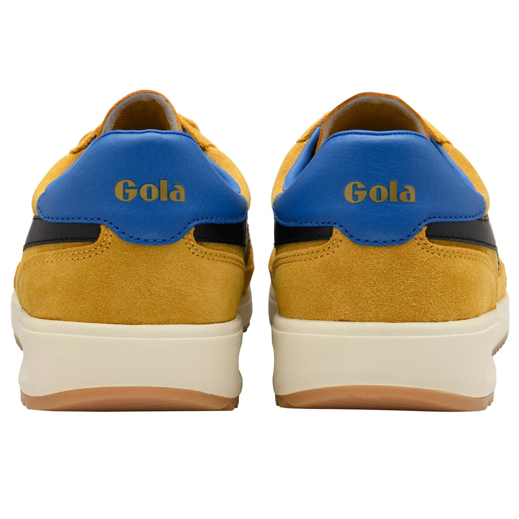Yellow Gola trainers with blue accents on a white background