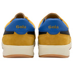 Yellow Gola trainers with blue accents on a white background