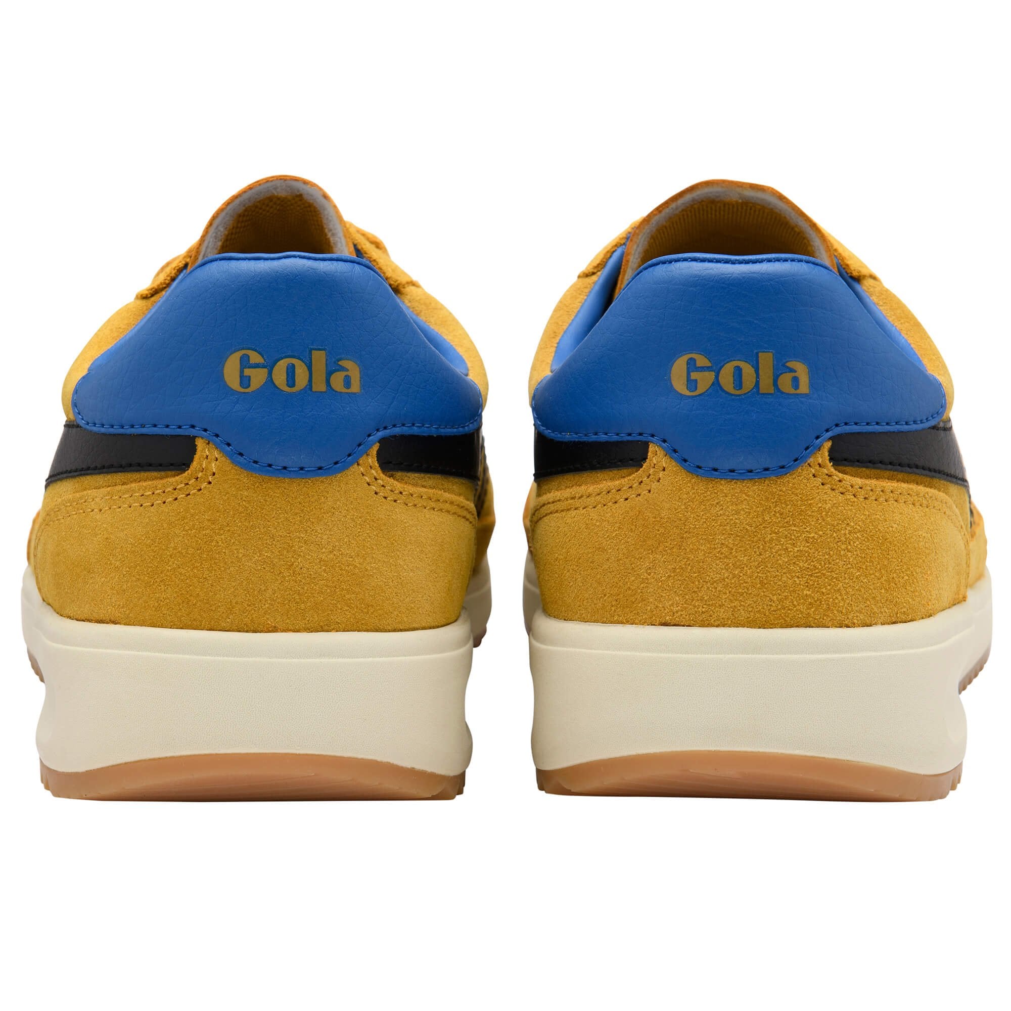 Yellow Gola trainers with blue accents on a white background