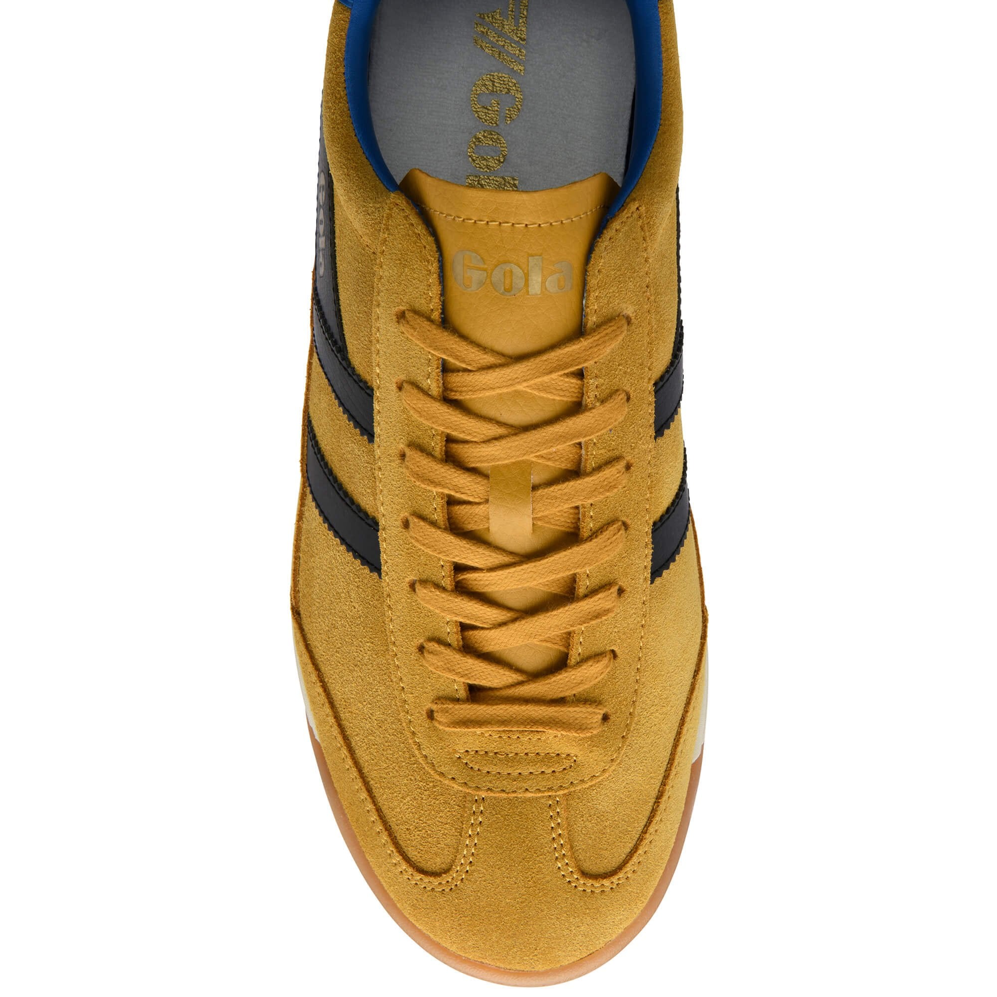 Yellow trainer with black stripes on a white background