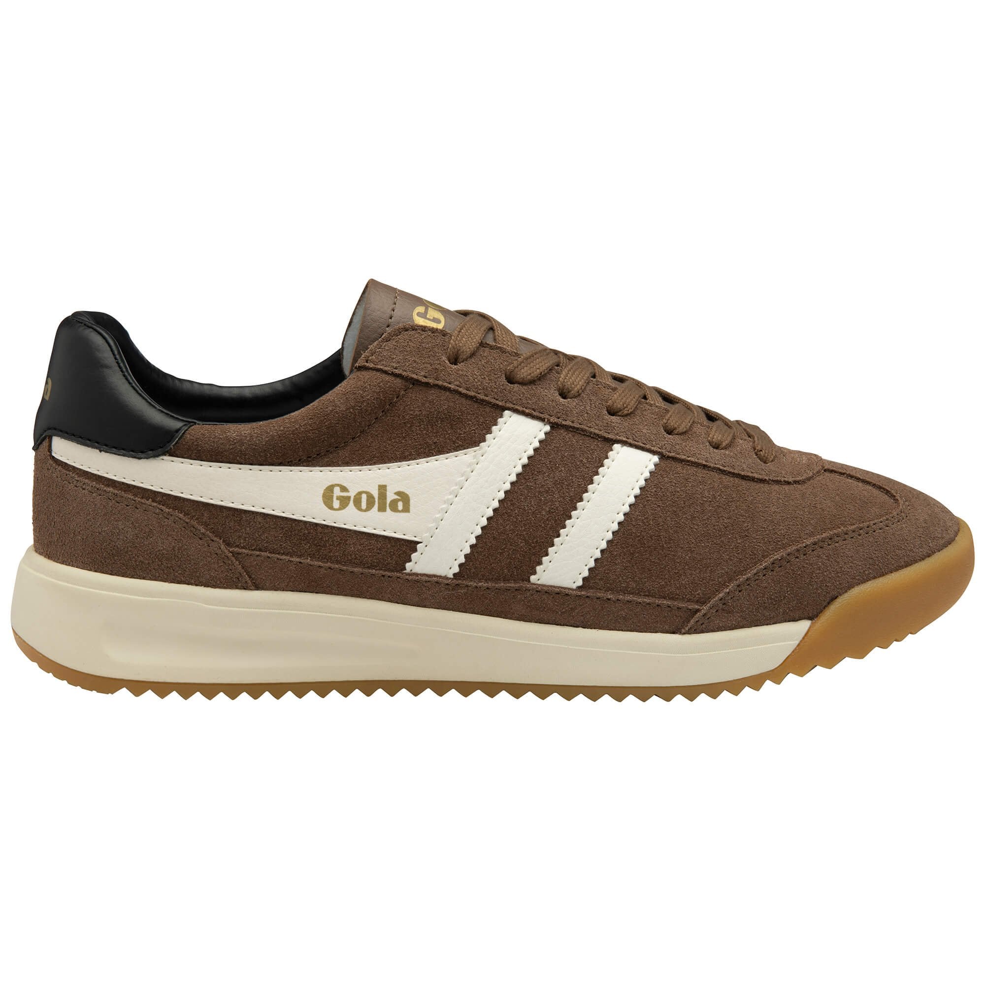 Brown suede Gola trainer with white stripes and black heel tab