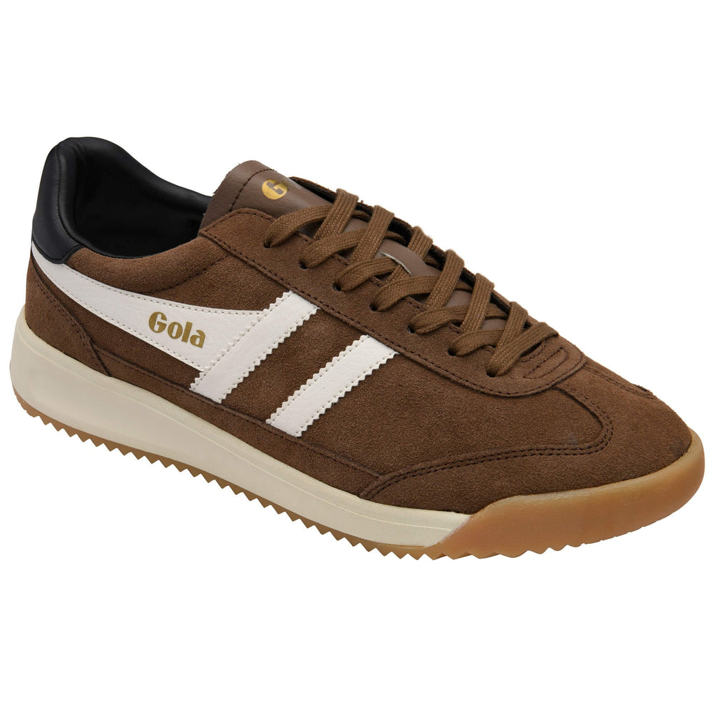 Brown trainer with white stripes and 'Gola' branding on a white background
