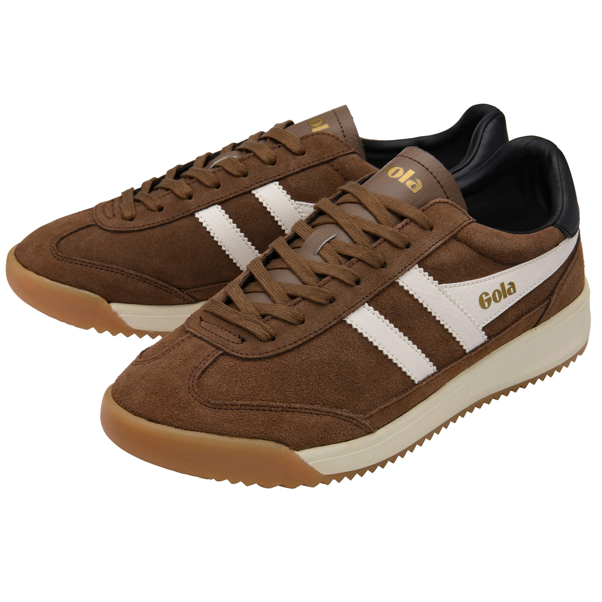 Brown trainers with white stripes and 'Gola' branding on a white background