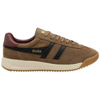 Brown trainer with black stripes and 'Gola' branding on a white background