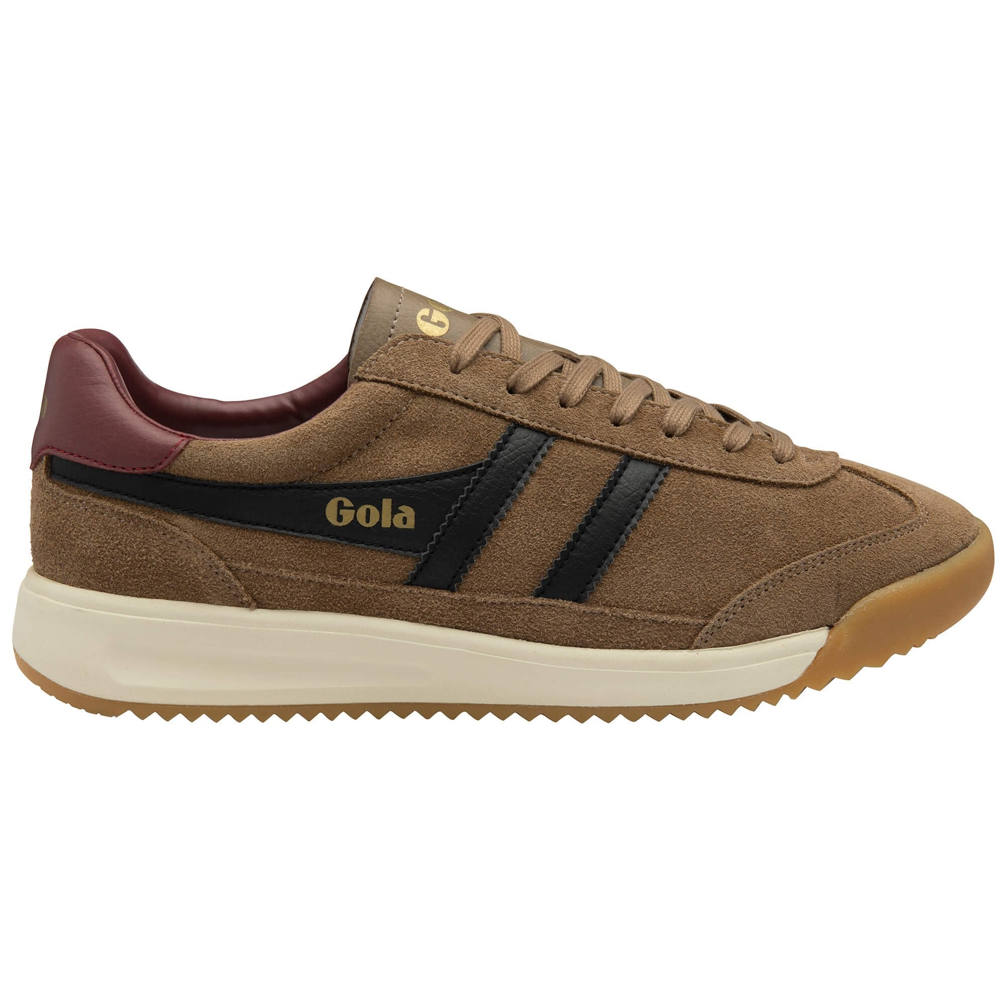 Brown trainer with black stripes and 'Gola' branding on a white background