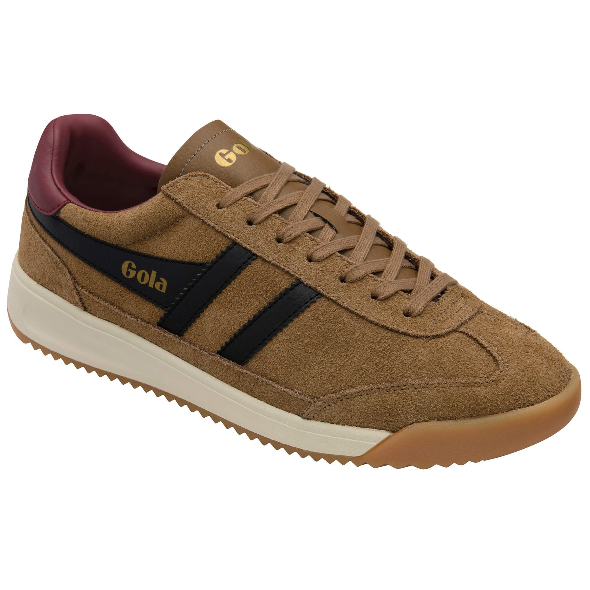Brown trainer with black stripes and Gola logo on a white background