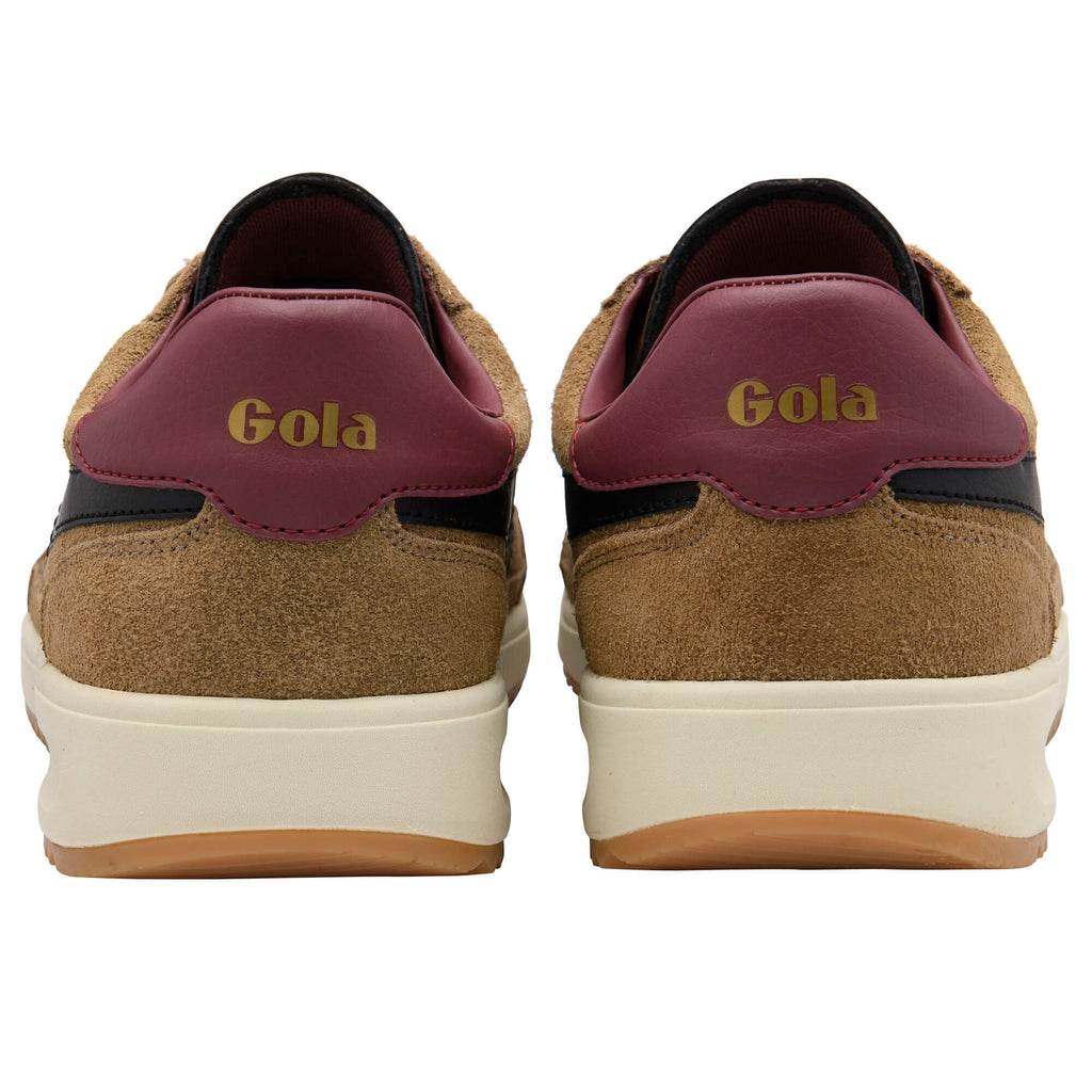 Brown Gola trainers with maroon accents on a white background