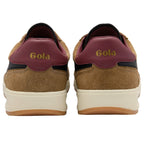 Brown Gola trainers with maroon accents on a white background
