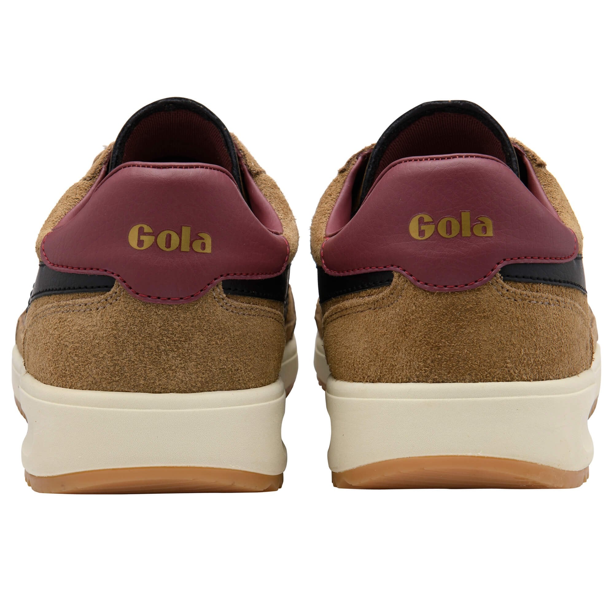 Brown Gola trainers with maroon accents on a white background