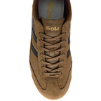 Brown trainer with black stripes and 'Gola' branding on a white background
