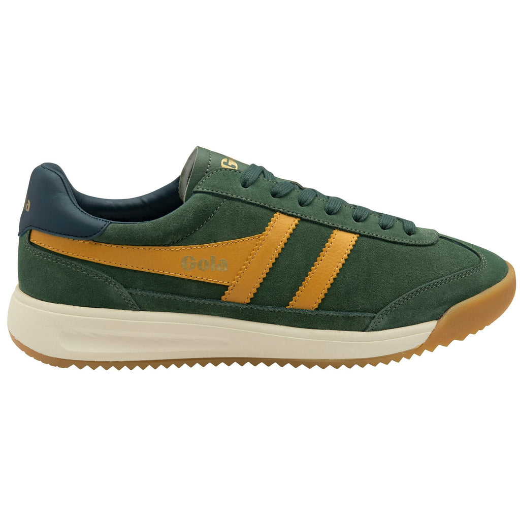 Gola men's trainer in green suede with yellow stripes and a white sole