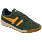 Gola Harrier suede trainer in dark green with yellow side stripes and a gum sole
