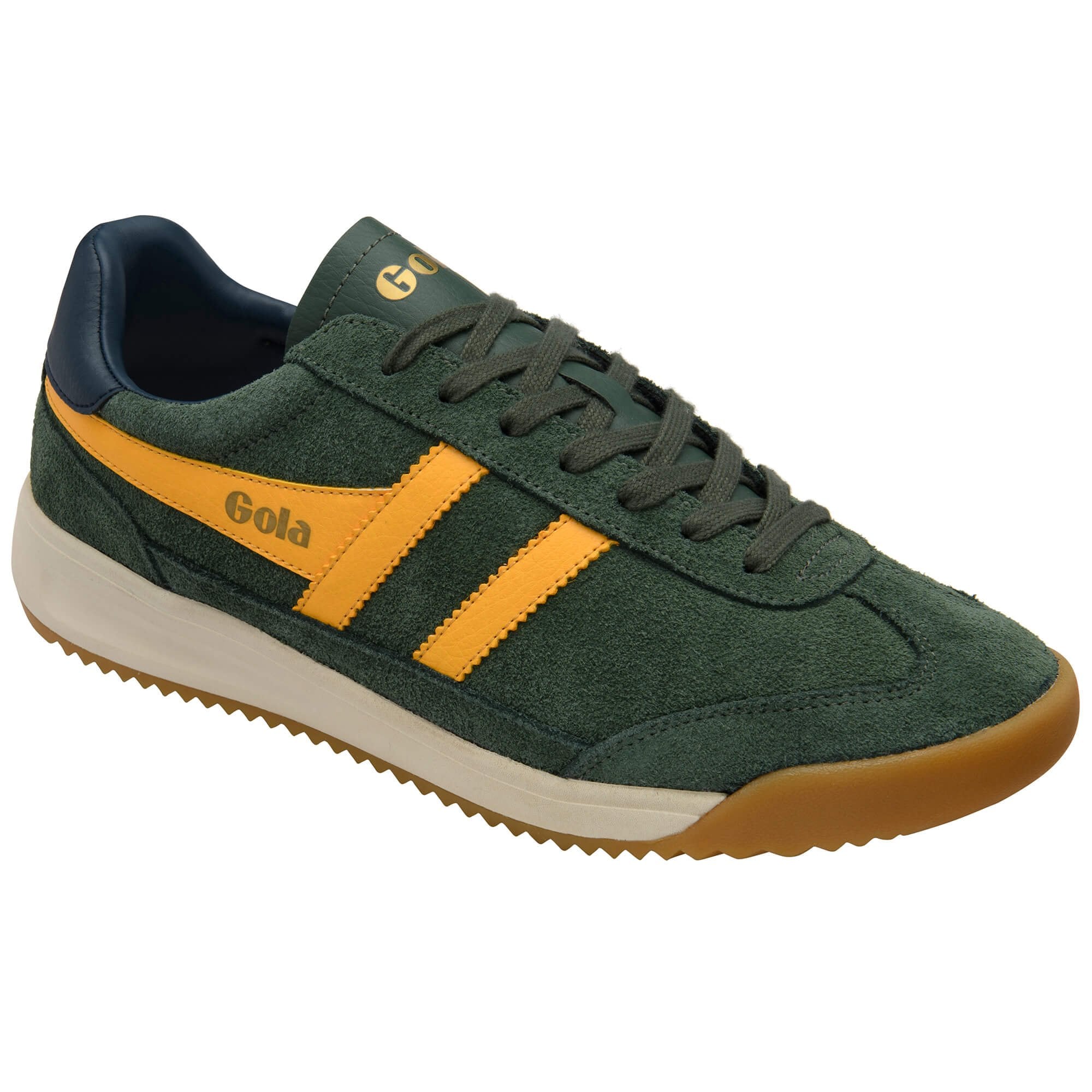 Gola Harrier suede trainer in dark green with yellow side stripes and a gum sole