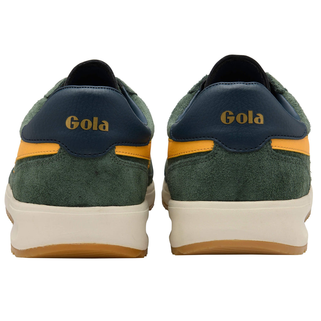 Green and yellow Gola trainers shown from the back on a white background