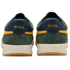 Green and yellow Gola trainers shown from the back on a white background