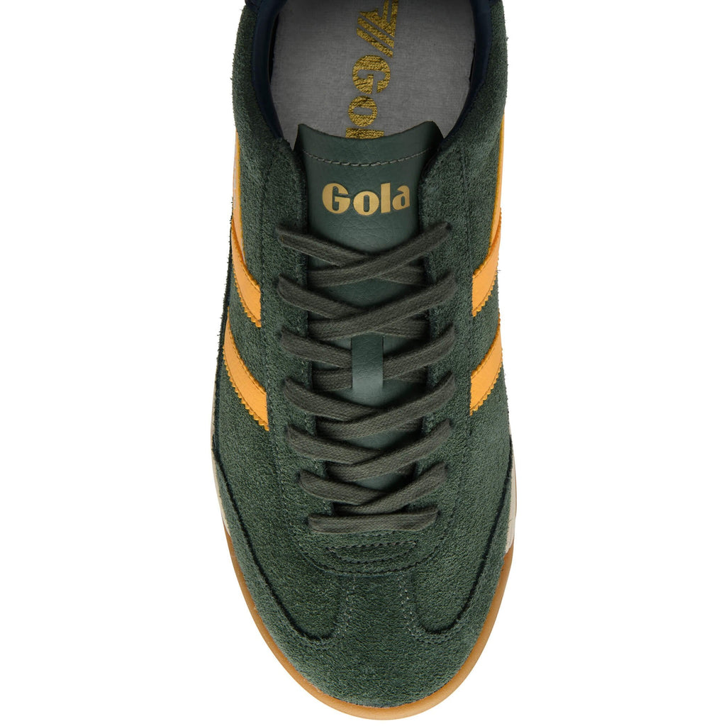 Green trainer with yellow stripes and Gola branding on a white background