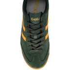 Green trainer with yellow stripes and Gola branding on a white background