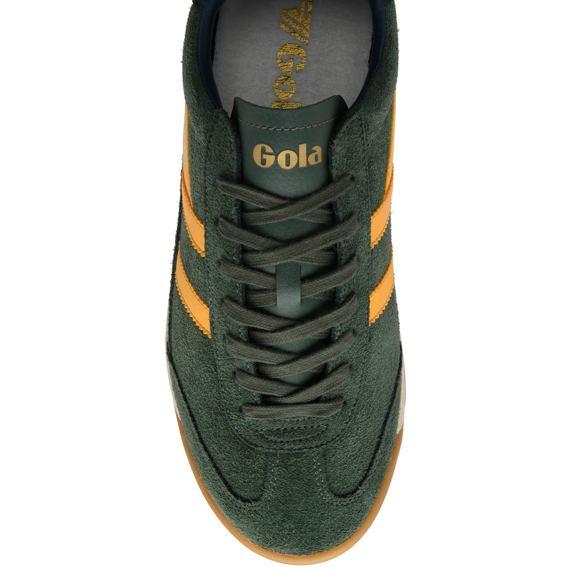 Green trainer with yellow stripes and Gola branding on a white background