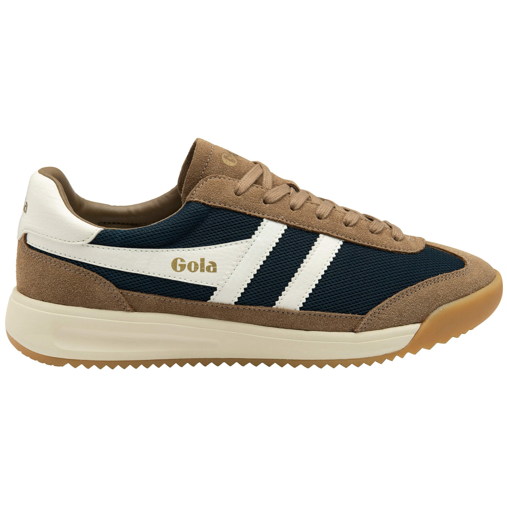 Gola men's trainer in navy and tan with white stripes