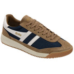 Brown and navy Gola trainer on a white background