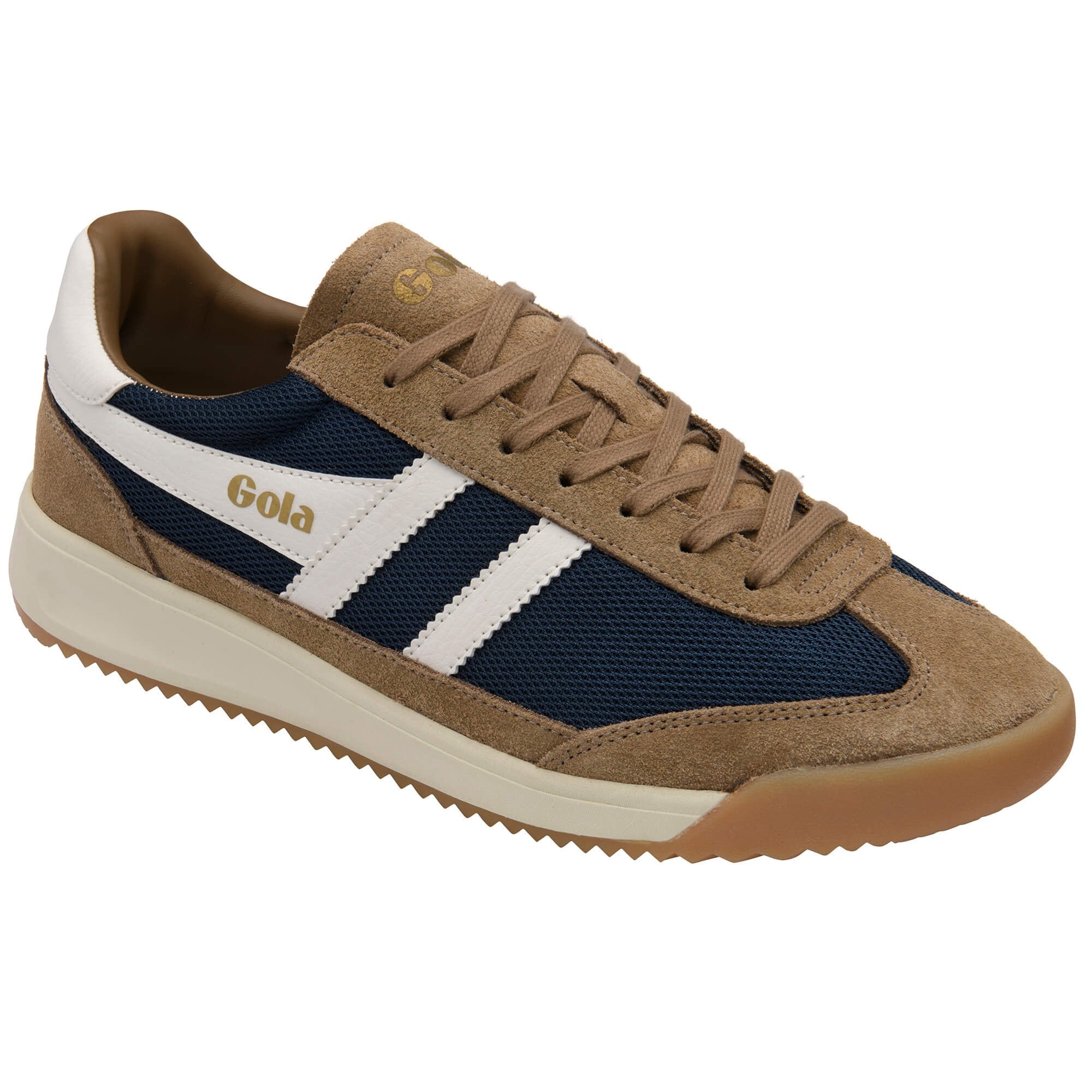 Brown and navy Gola trainer on a white background