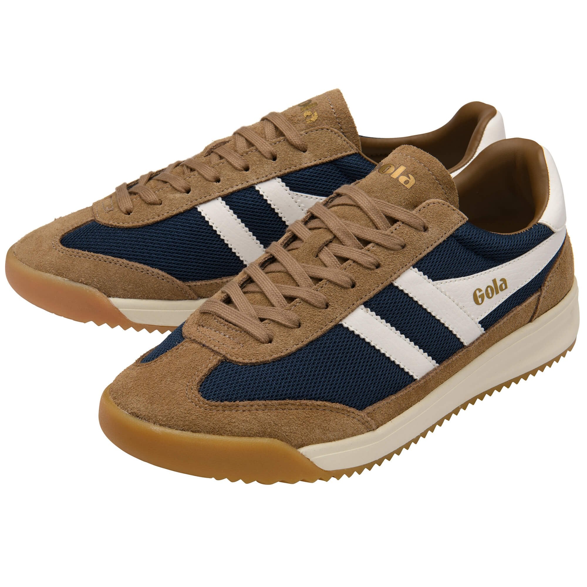 Pair of brown and navy Gola trainers on a white background