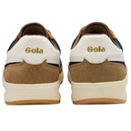 Rear view of two Gola sneakers in brown suede with white and blue accents