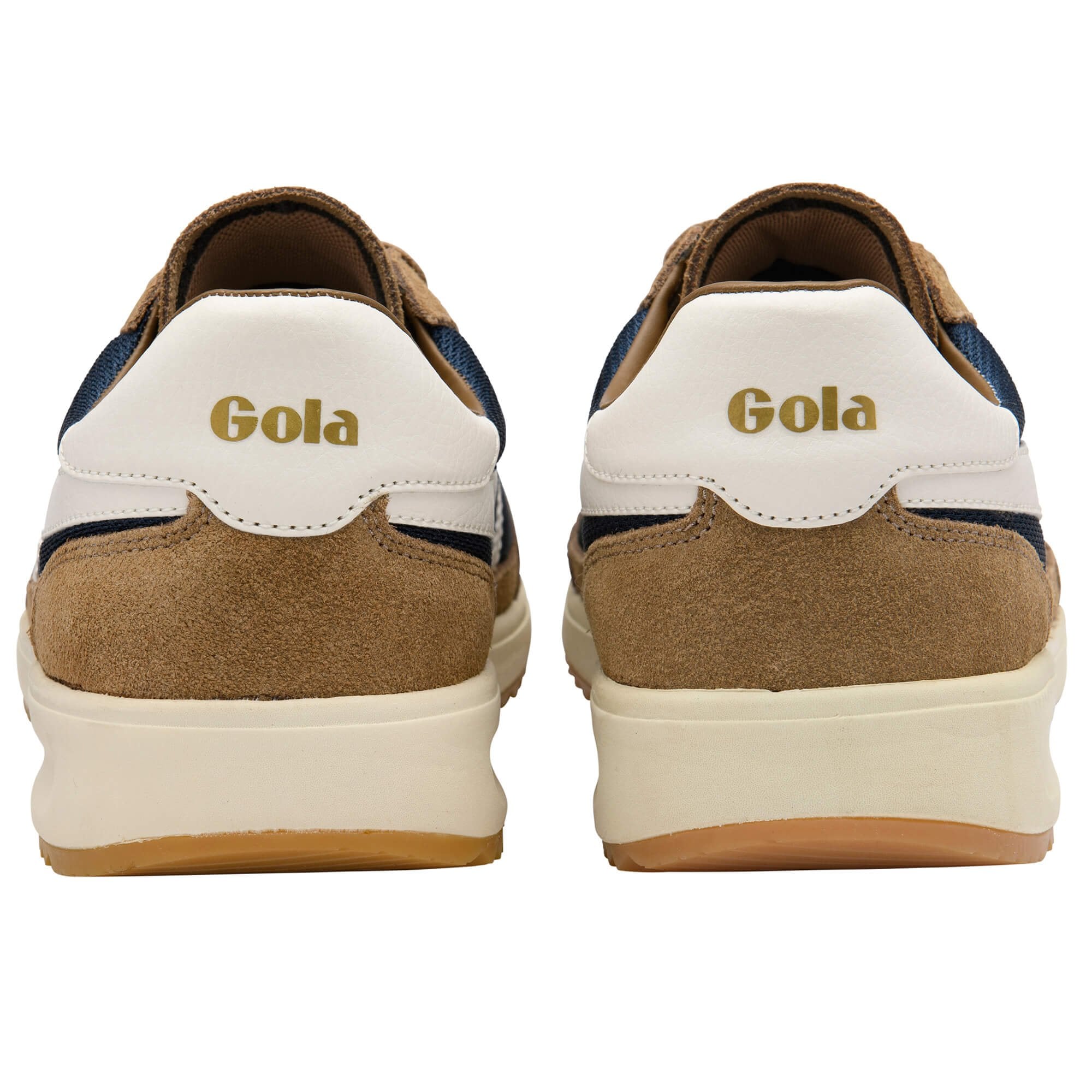 Rear view of two Gola sneakers in brown suede with white and blue accents