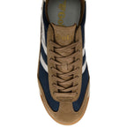 Top down view of a Gola Harrier trainer in tan suede and navy mesh with white stripes